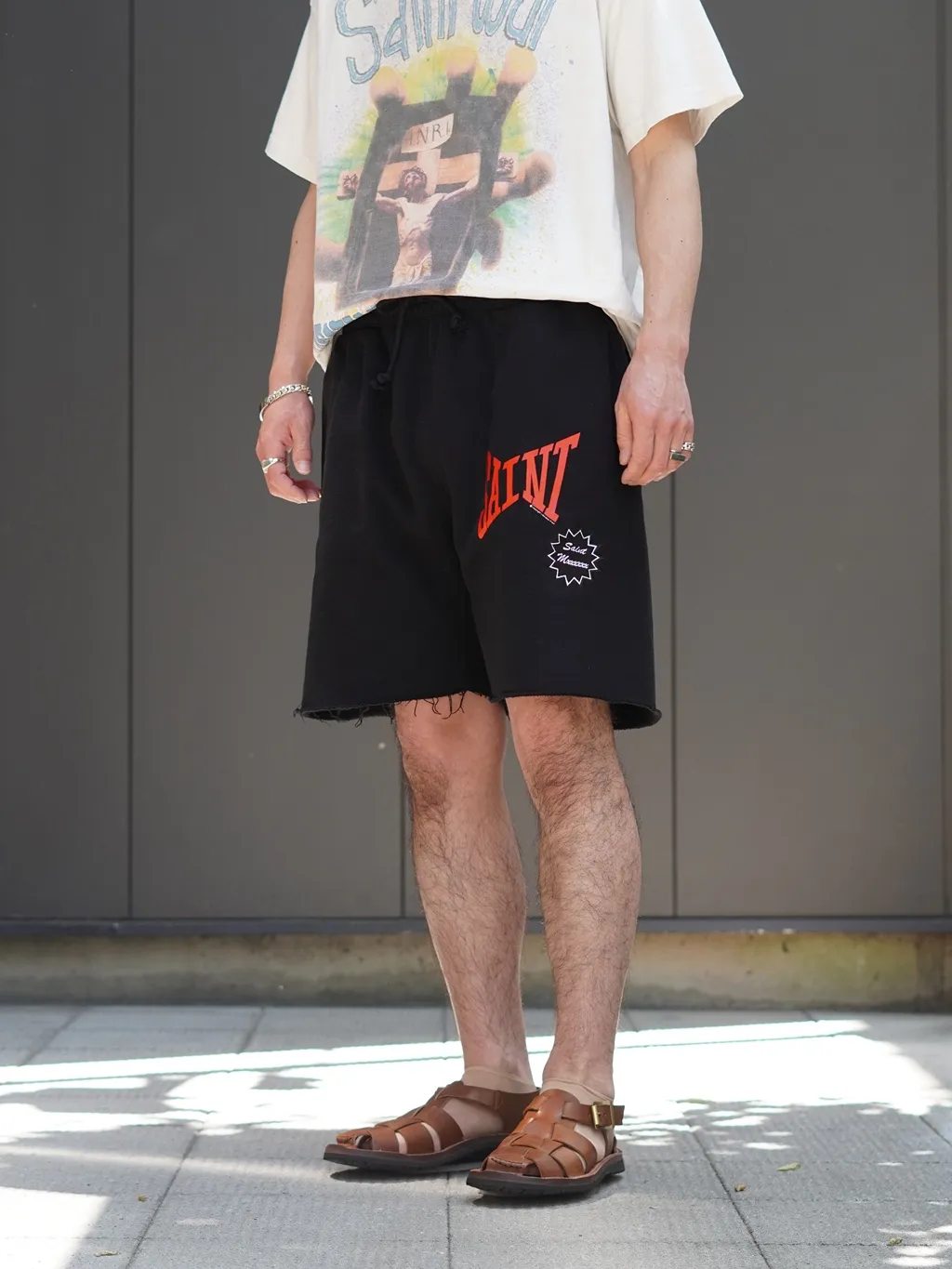 SAINT Mxxxxxx 'SAINT' SWEAT SHORTS/GRY/BLK embroidered SAINT LOGO basic shorts, distressed gray/washed black S-XL, four needles and six threads throughout, produced by a major domestic factory, imported Tajima machine embroidery, washed and distressed, original version
